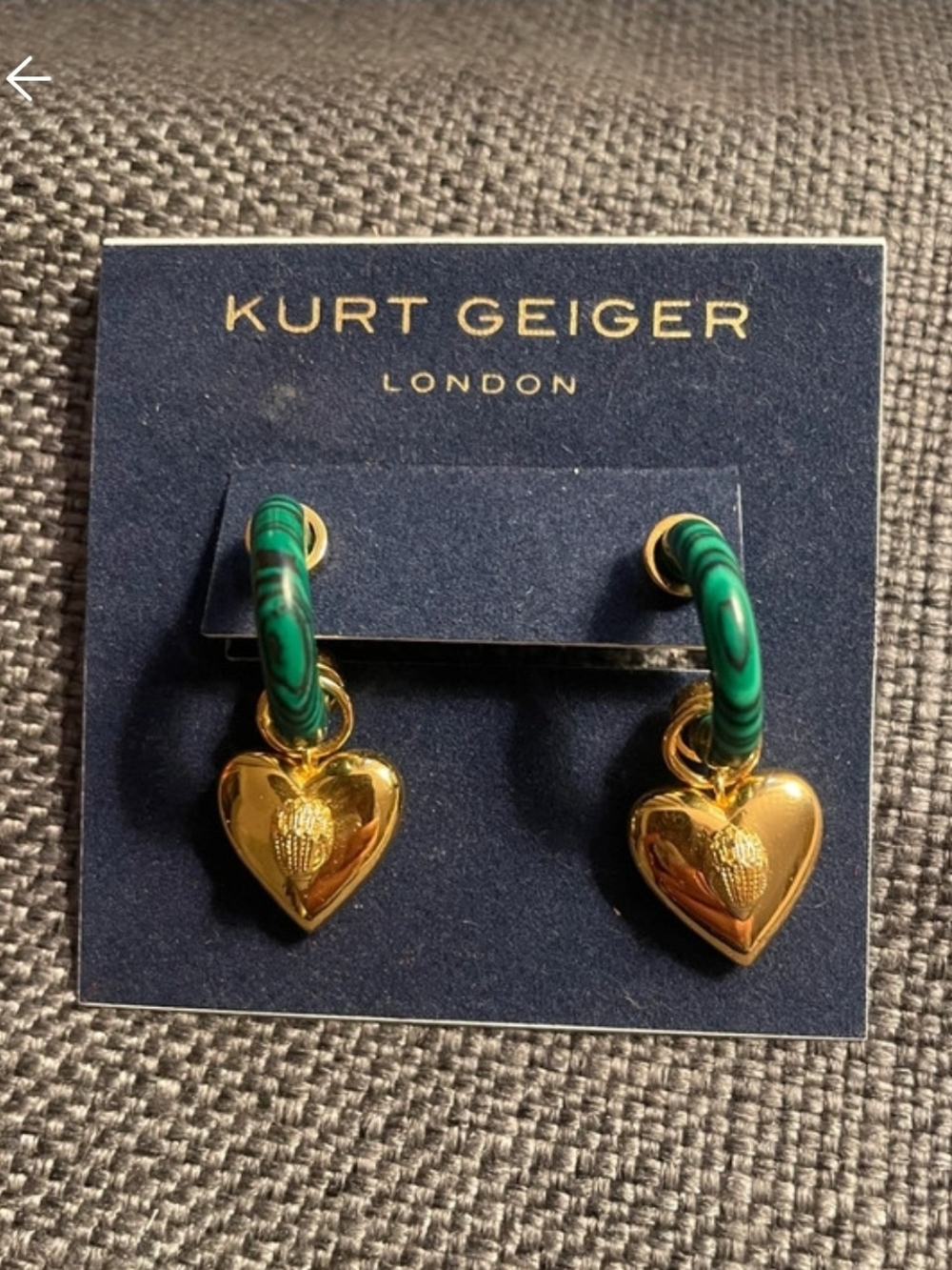 Kurt Geiger Gold Heart Drop Hoops with Green Accents